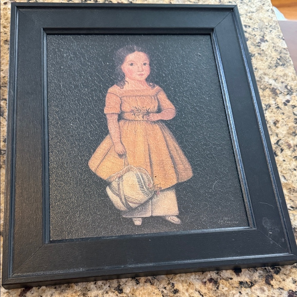 N Schneeman Framed Vintage Style Portrait Art Girl Peach Dress Black Frame